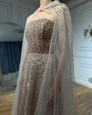 Ships in 1 to 3 Days - 2024 Rose Gold Saudi Arabic Evening Gown with Beaded Detailing and Hooded Cape for Formal Occasions