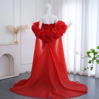 Dubai Beaded 3D Flower Wine Red Evening Dress - Luxury Cape Gown for Arabic Women’s Wedding Engagement Parties