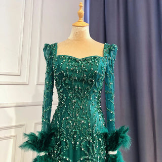 Green Elegant Mermaid Evening Dress: 2024 Beaded Feather Luxury for Women's Party