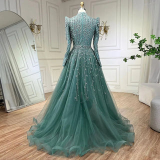 Ships in 1 to 3 Days - 2024 Dubai Arabic Designer Luxury Sage Green A-Line Beaded Evening Dress: Perfect for Women's Wedding Party