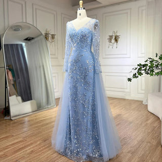 Ships in 1 to 3 Days - Blue Mermaid Elegant Evening Dress with Train - Beaded Luxury Arabic Gown for Women's Wedding Party 2024