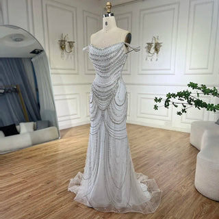 Ships in 1 to 3 Days - Dubai White Nude Strapless Mermaid Luxury Evening Dresses Gowns Pearls Beaded for Women Wedding Party 2024