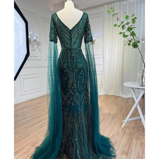 Emerald Elegance: 2024 Luxury Evening Dresses with Cape Sleeves in Rose Gold and Gray