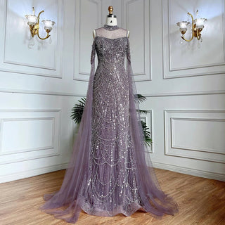 Elegant Arabic Purple Mermaid Evening Dress with Cape Sleeves - Beaded Luxury Gown for Women's Wedding Party 2024