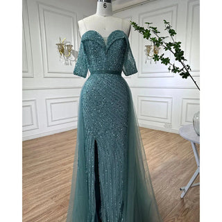 Nude Mermaid Elegant With Overskirt Off Shoulder Beaded Split Evening Dresses Gowns For Woman Party 2024