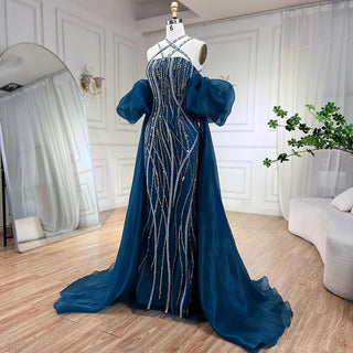 Arabic Navy Blue Elegant Mermaid Evening Dress with Balloon Sleeves - Beaded Luxury Dubai Gown for Women's Party