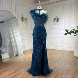 Gray Elegant Halter Feathers Beaded Luxury Mermaid High Split Evening Dress: Party Gown for Women