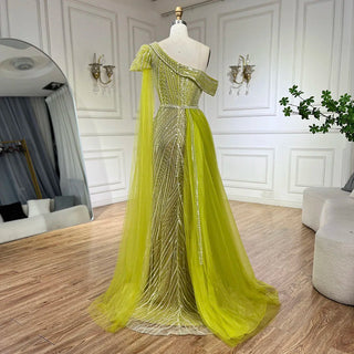 Arabic Blue One-Shoulder Yellow High-Split Mermaid Beaded Evening Gown for Women Wedding Party 2024