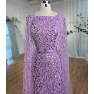 Ships in 1 to 3 Days - Arabic Purple Mermaid Long Evening Dress with Cape Sleeves - Beaded Luxury Dubai Gown for Women's Party