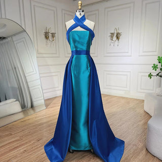 Arabic Blue Contrast Evening Dress with Overskirt - Criss Cross Halter Women's Wedding Party Dress 2024