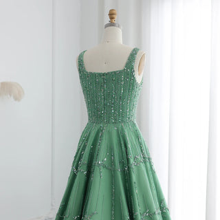 Luxury Beaded Dubai Green Evening Gown with Spaghetti Straps - Arabic Wedding Party Dress