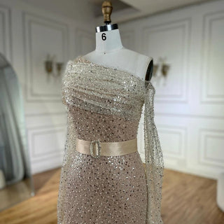 rabia Caramel Mermaid One Shoulder Luxury Beaded Evening Dresses Gowns: 2024 For Women Wedding Party