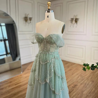 Ships in 1 to 3 Days - Arabic Sage Green A-Line Elegant Spaghetti Strap Luxury Beaded Evening Dress for Women Wedding Party 2024