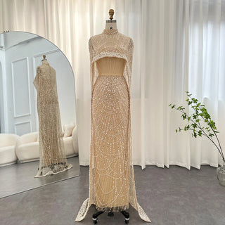 New for 2024: Luxury Champagne Dubai Evening Dresses with Pearls and Cape, Perfect for Arabic Women's Mermaid Wedding Party and Prom Dress