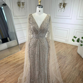 Customized Arabic Nude Luxury A-Line Beaded Evening Dress with Cape Sleeves for Women’s Wedding Party