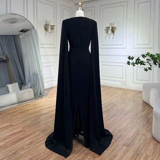 Ships in 1 to 3 Days - Arabic Black Mermaid Elegant Cape Sleeves Beaded Satin Luxury Dubai Evening Dresses Gowns For Women Party