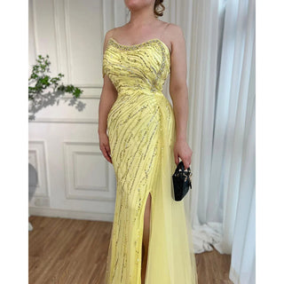 Yellow Mermaid Sexy High Split Evening Gown: One Shoulder Beaded Elegance for Women's Wedding Party 2024