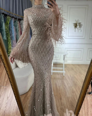 Ships in 1 to 3 Days - 2024 Saudi Caramel Mermaid Evening Dress - Illusion Cut Out Lace Beaded Feathers Gown for Formal Occasions