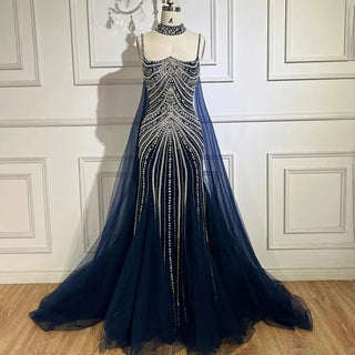 Same Day Shipping – Blue Spaghetti Strap Long Cloak Mermaid Beaded Lace-Up Luxury Evening Dresses Gowns for Women Wedding Party