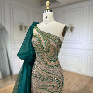 Ships in 1 to 3 Days - Emerald Enchantment: 2024 Green One Shoulder Mermaid Evening Gown with Long Cloak - Luxury Beaded Dress for Women's Wedding Party