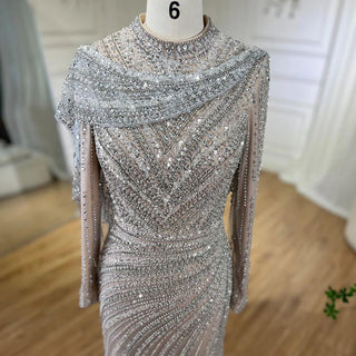 Silver Nude Mermaid Elegant High Split Evening Dresses Gowns Luxury Beaded 2024 For Women Party