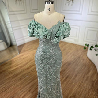 Luxury Dubai Sage Green Evening Dresses for Arabic Women: Elegant Off-Shoulder Mermaid Gown, Ideal for Champagne Wedding Parties