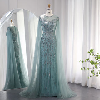 Opulent Dubai Blue Mermaid Evening Dress with Cape Sleeves: Ideal for Arabic Women's Wedding Party Gowns in Sage Green and Gold