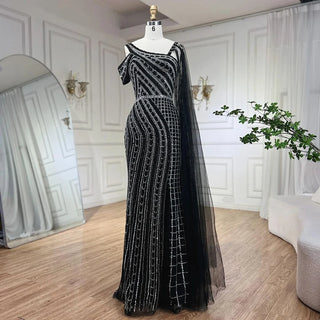 Ships in 1 to 3 Days - Arabic Dubai Black Long Cloak Mermaid Beaded Luxury Evening Dress - Gown for Women's Wedding Party 2024