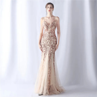 Sexy Strap Beaded Sequin Party Maxi Dress - Long Prom Evening Dress for Women