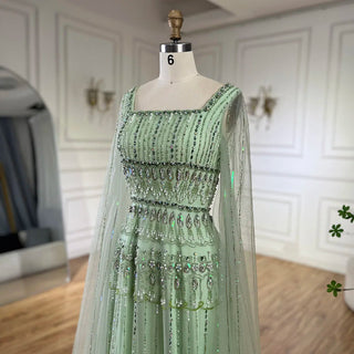 Ships in 1 to 3 Days - Arabic Sage Green A-Line Beaded Luxury Dubai Long Evening Gown with Cape Sleeves for Women