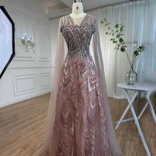 Luxury Crystal Arabic Black Evening Dress with Cape Sleeves: Elegant Wedding Guest Party Gowns for Plus Size Women in Pink