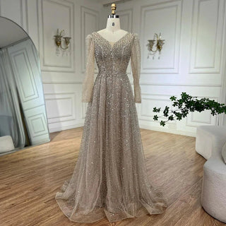 Arabic Pink A-Line Elegant Long Sleeves Evening Dress - Luxury Beaded Gown for Women's Wedding Party 2024