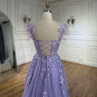 2024 Lilac Spaghetti Strap Lace-Up Back A-Line Appliques Feathers Prom Dress for Women Wedding Party