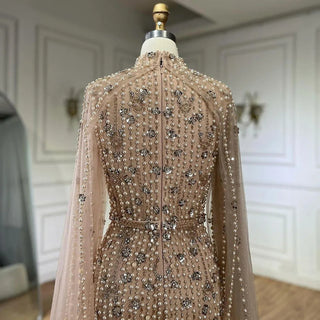 Ships in 1 to 3 Days - Modest Nude Mermaid Evening Dress with Cape Sleeves - Pearls Beaded Luxury Dubai Gown for 2024 Women's Wedding Party