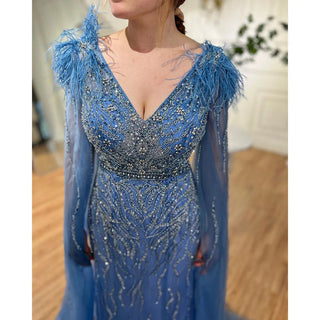 Arabic Blue Mermaid Elegant Cape Sleeves Feather Luxury Beaded Evening Dress - 2024 Collection