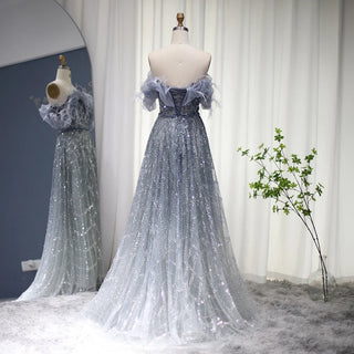 Emerald Enchantment: 2024 Dubai Feathered Gown with Elegant Off Shoulder Design for Wedding Celebrations.