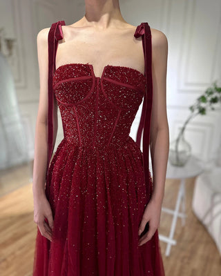 Ships in 1 to 3 Days - 2024 Saudi Wine Red Beaded Evening Gown - Spaghetti Strap A-Line Luxury Floor-Length Dress for Formal Occasions