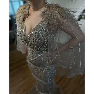 Dubai Caramel Mermaid Elegant Evening Dress 2024: Sleeveless with Shawl Yarn Feathers - Formal Attire