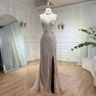 Silver Nude Mermaid Split Strap Evening Dress: Spaghetti Strap, Beaded Prom Gown for Women's Party 2024