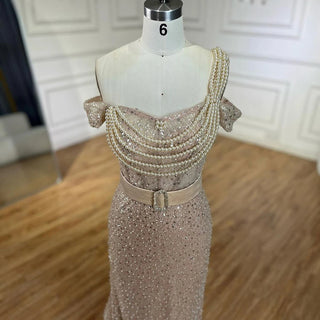 Ships in 1 to 3 Days - Arabic Nude Mermaid One-Shoulder Beaded Luxury Dubai Evening Dress - Gown for Women's Wedding Party 2024