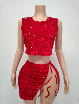 Ships in 2 to 5 Days -Dazzling Sequin Two-Piece Set with Asymmetrical Cut-Out Skirt