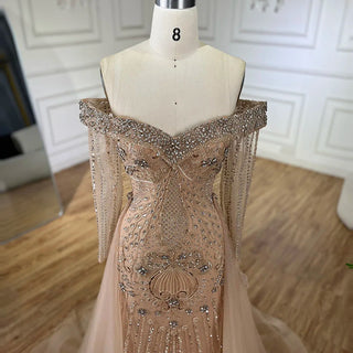 Ships in 1 to 3 Days - Nude Mermaid Elegant Overskirt Beaded Luxury Dubai Evening Dress Gown 2024 For Women Wedding Party