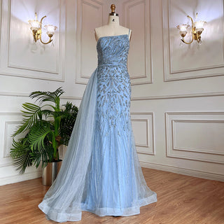 Elegant Blue Mermaid Evening Gown 2024: One Shoulder with Overskirt, Luxury Beaded for Women's Party