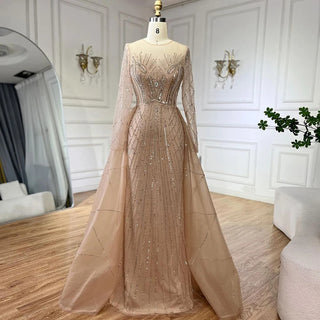 Elegant Muslim Beige Overskirt Mermaid Evening Gown 2024 - Luxury Beaded Design