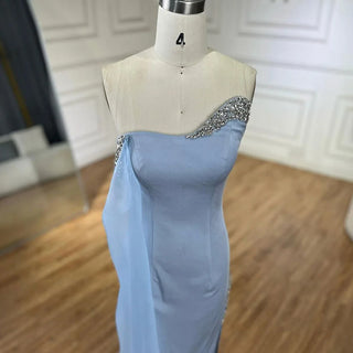 Blue Satin Mermaid One-Shoulder Evening Dress - Elegant Cap Sleeve Beaded Gown for Women's Party with High Slit