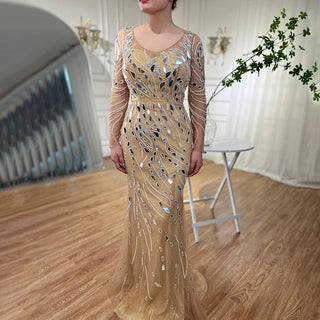 Muslim Nude Mermaid With Overskirt Beaded Long Evening Dress Gown: Wedding Party 2024