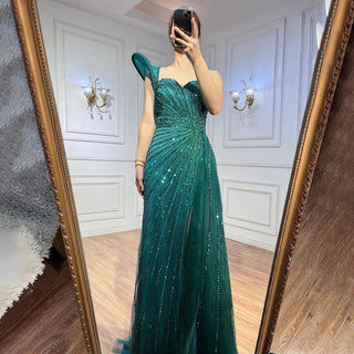 Green Mermaid High Split Elegant One Shoulder Beaded Evening Dress Gown for Women Wedding Party 2024