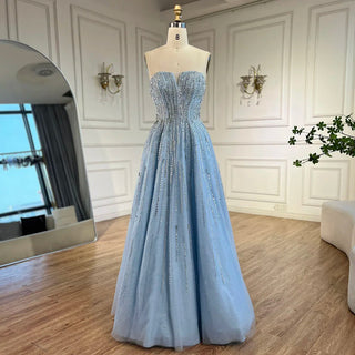 2024 Arabic Blue Cape Sleeves A-Line Beaded Evening Dress | Long Celebrity Gown for Women's Wedding Party