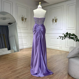 2025 Arabic Lilac Halter Neck Side Slit Mermaid Luxury Dubai Evening Gown Beaded Dress for Women's Party