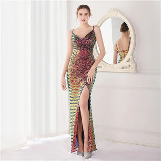 Sexy V-Neck Sequin Strap Party Maxi Dress with Slit - Long Prom Evening Dress for Women